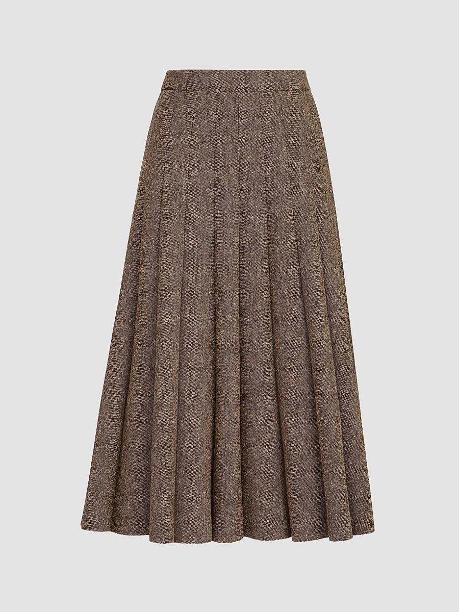 Women's Virgin Wool Donegal Pleated Skirt - Light Brown - Size 0