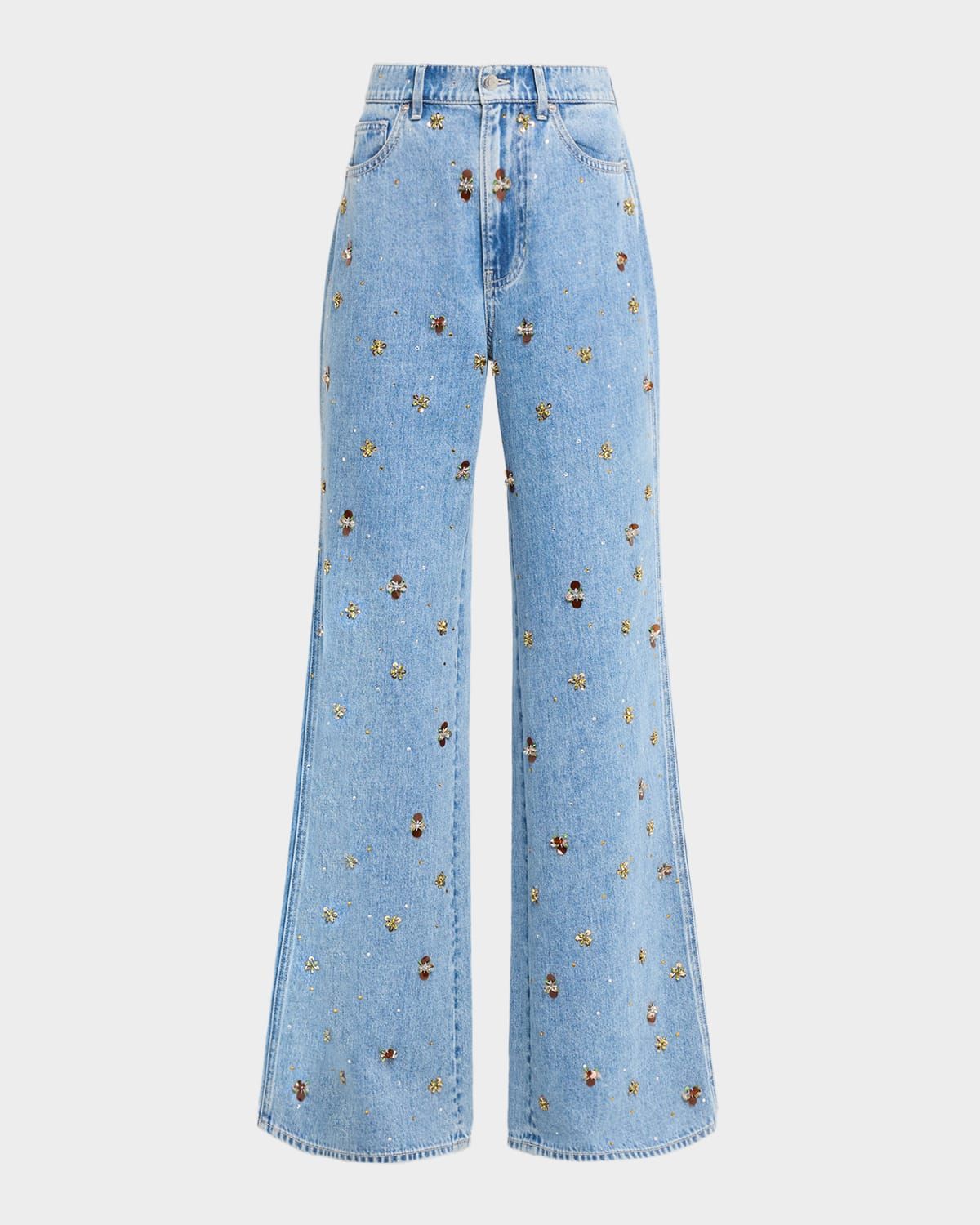 Kasey Embellished Denim Mid-Rise Wide-Leg Jeans