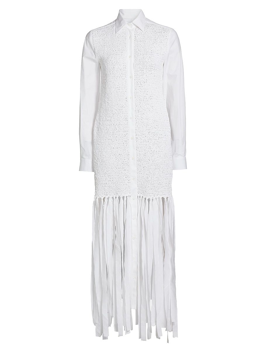 Women's Cotton Poplin Fringe Shirtdress - White - Size 12