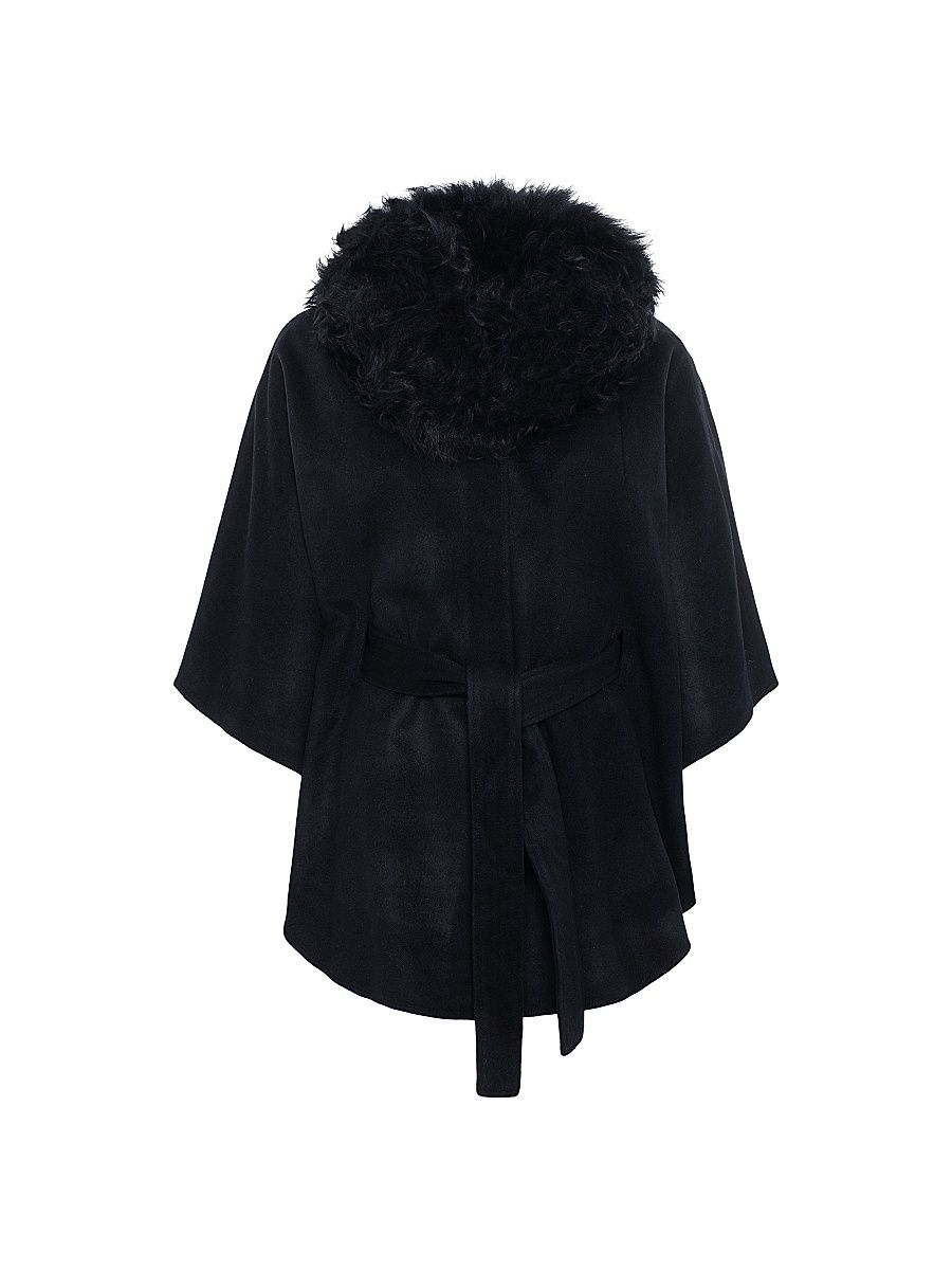 Women's Select Wool Belted Cape with Select Lamb Collar - Black