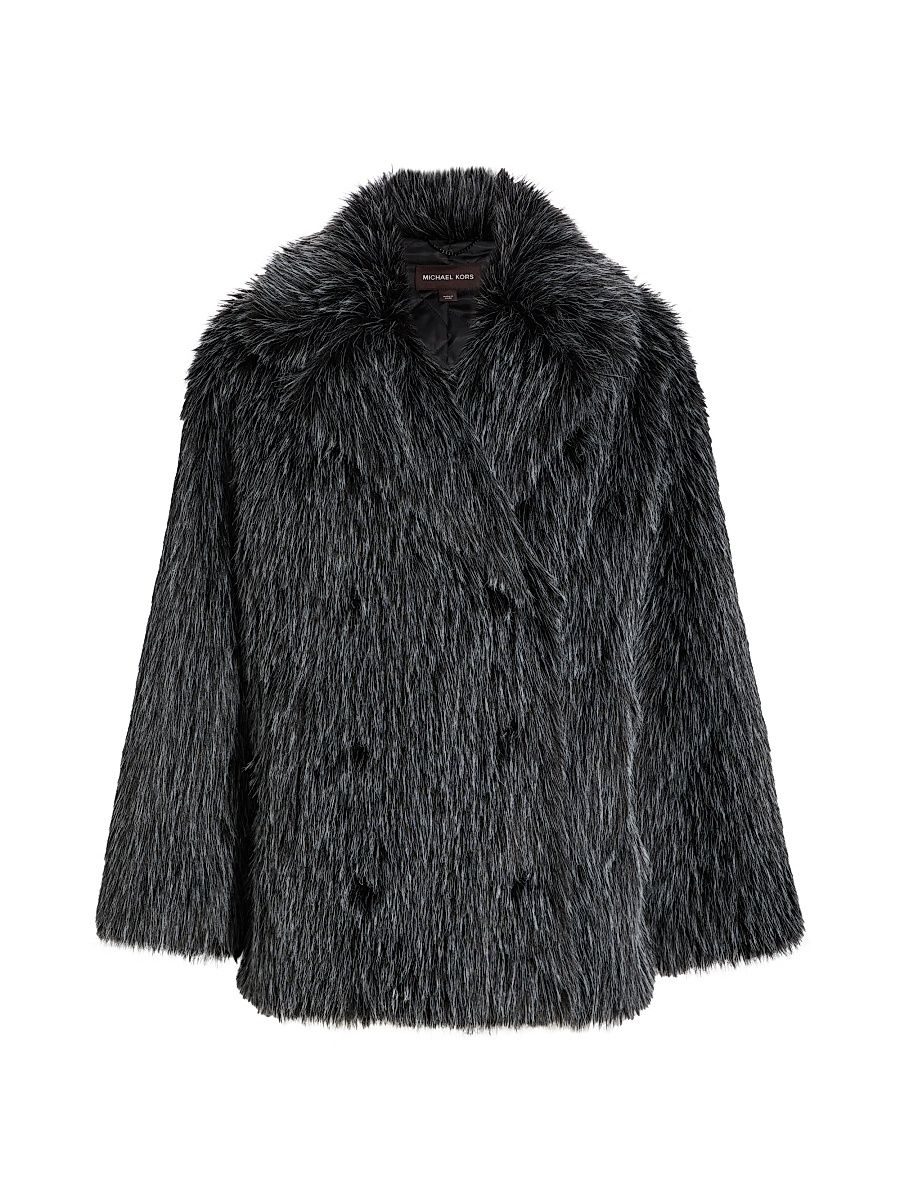 Women's Unisex Faux-Fur Double-Breasted Peacoat - Black White - Size Medium