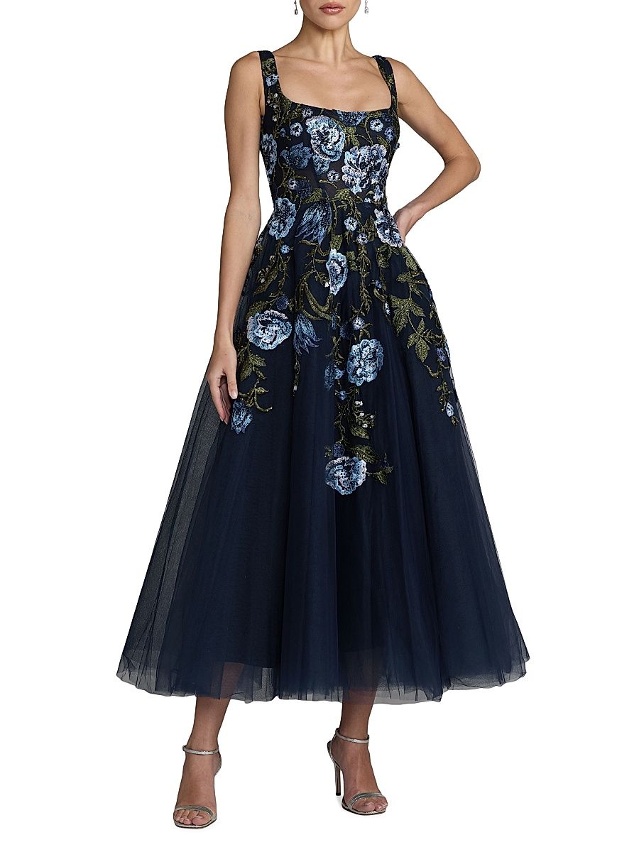 Women's Floral Embroidered Tulle Tea-Length Cocktail Dress - Blue Multi - Size 16
