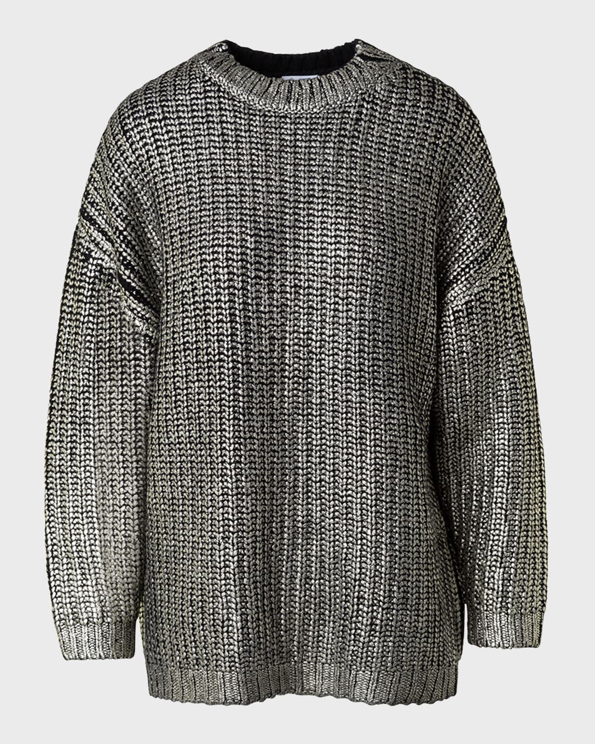 Cashmere-Blend Gold Laminated Chunky Knit Long Sweater