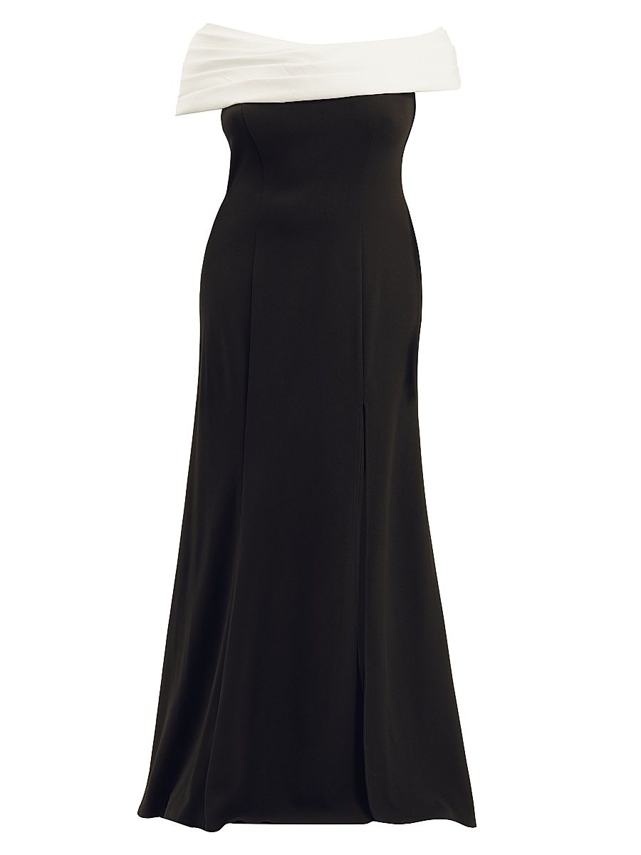 Women's Plus Crepe Contrast Off-The-Shoulder Gown - Ivory Black - Size 16