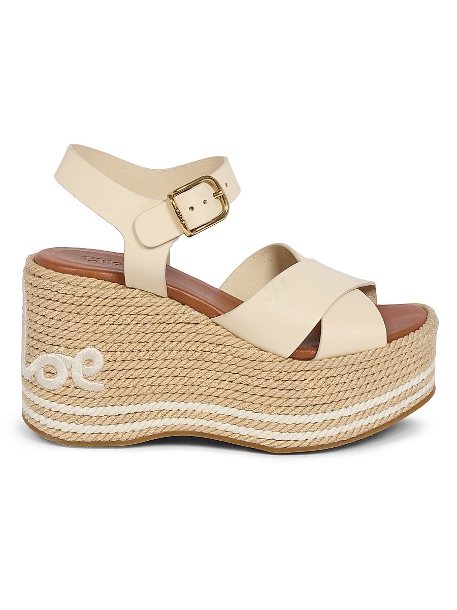 Women's Sand Leather Wedge-Heel Sandals - White Beige - Size 5