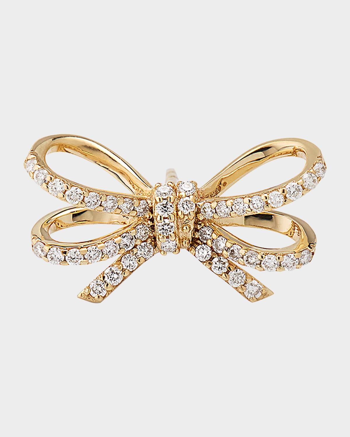 14K Yellow Gold Pave Diamond Double Bow Stud Earring, Single