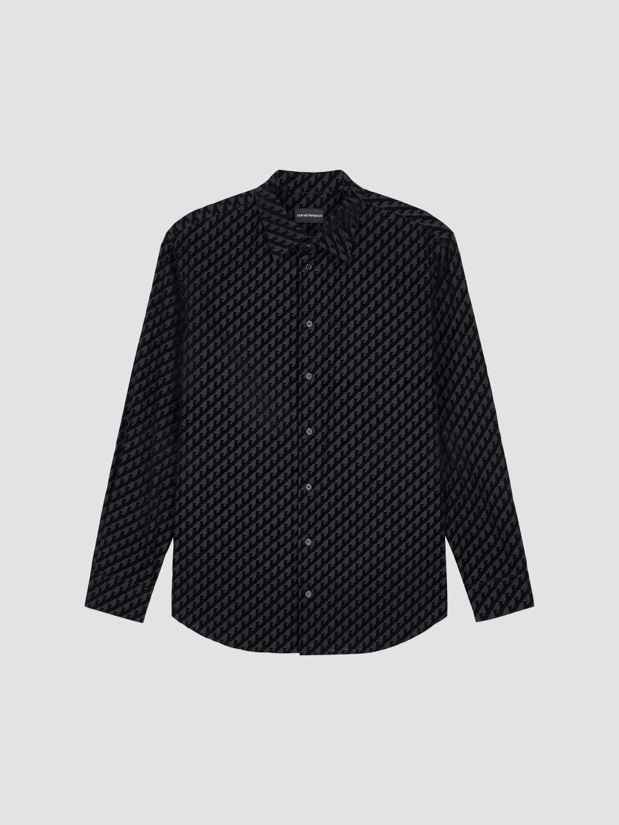 Emporio Armani Men's Flocked Eagle Cotton Sport Shirt - Solid Black - Size XXL