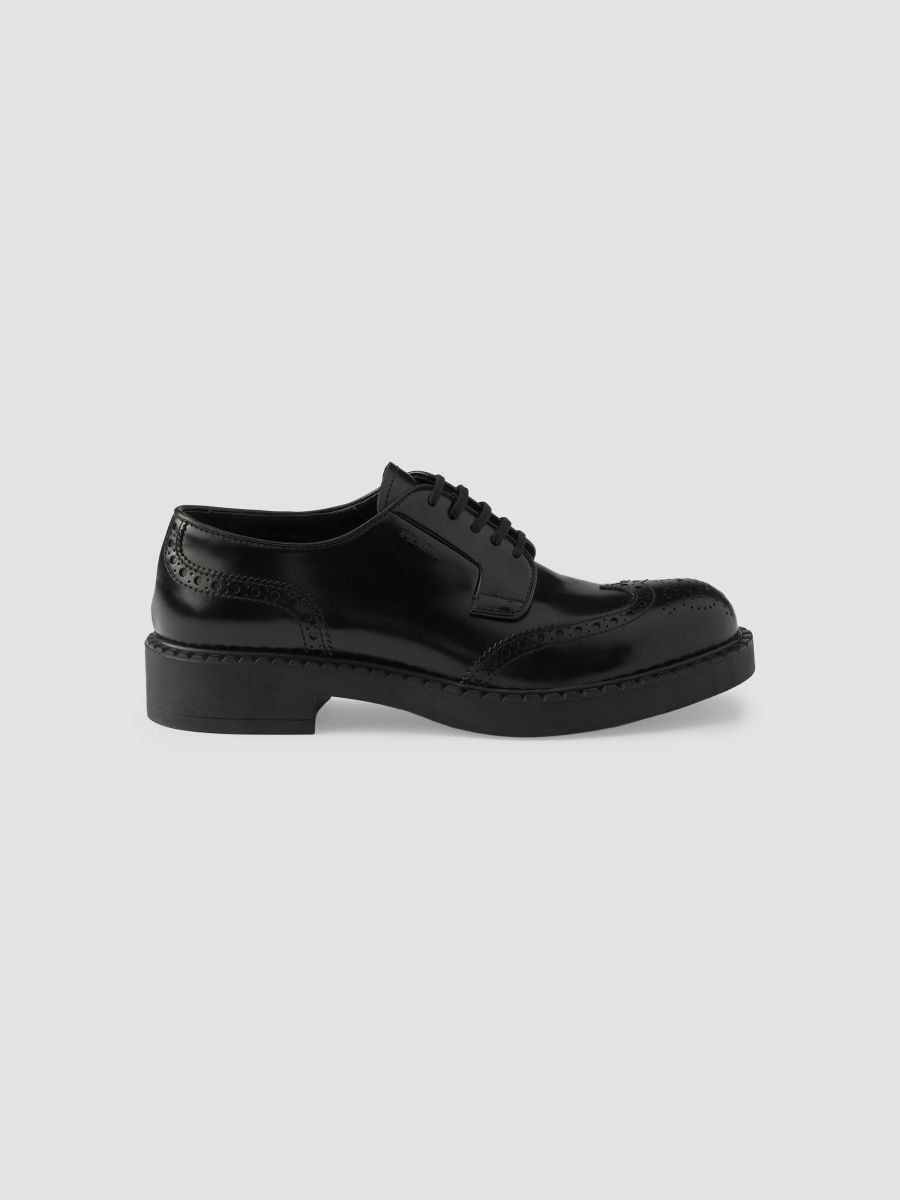 Prada Men's Chocolate Brushed Leather Derby Brogues - Black - Size 10.5