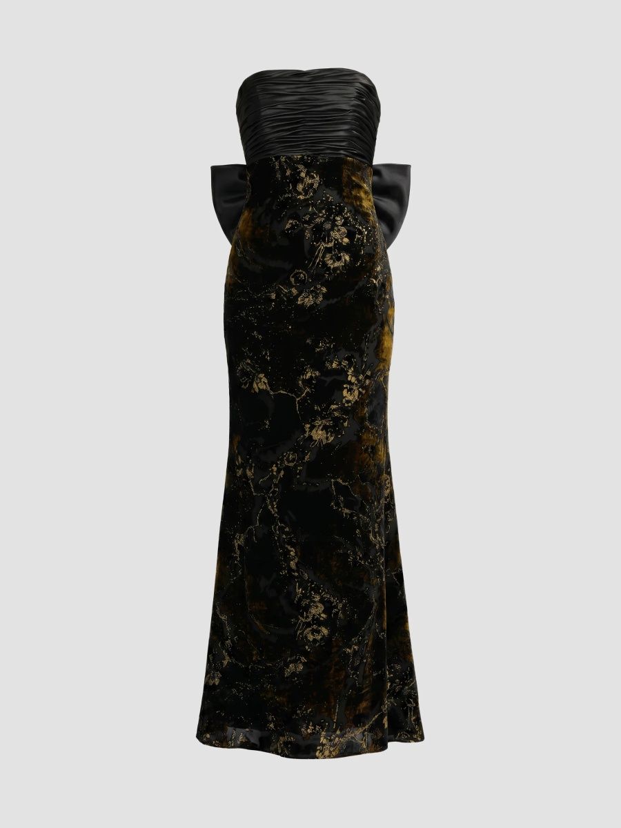 Mac Duggal Women's Satin & Burnout Velvet Strapless Column Gown - Black Gold - Size 14