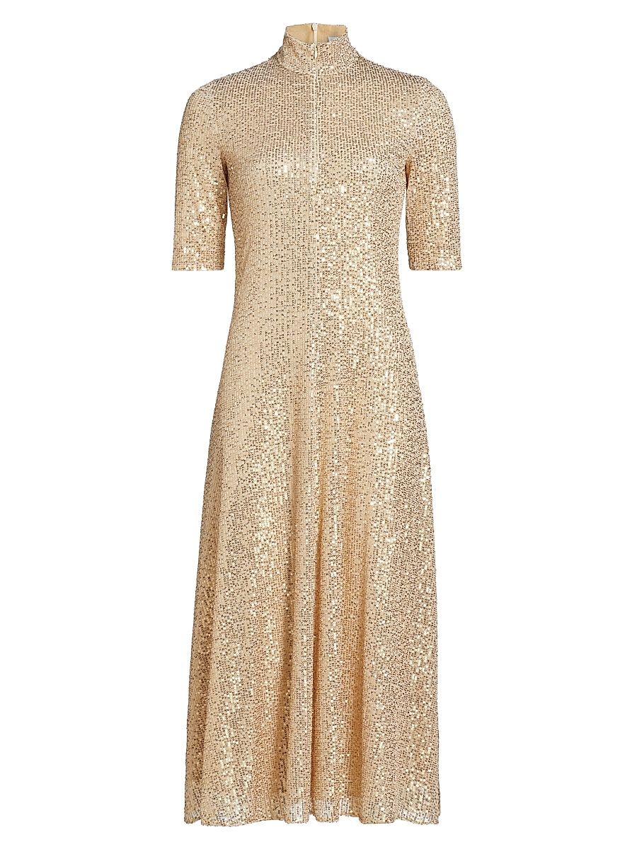 Women's Sequined Mock Turtleneck Midi-Dress - Wheat - Size Medium