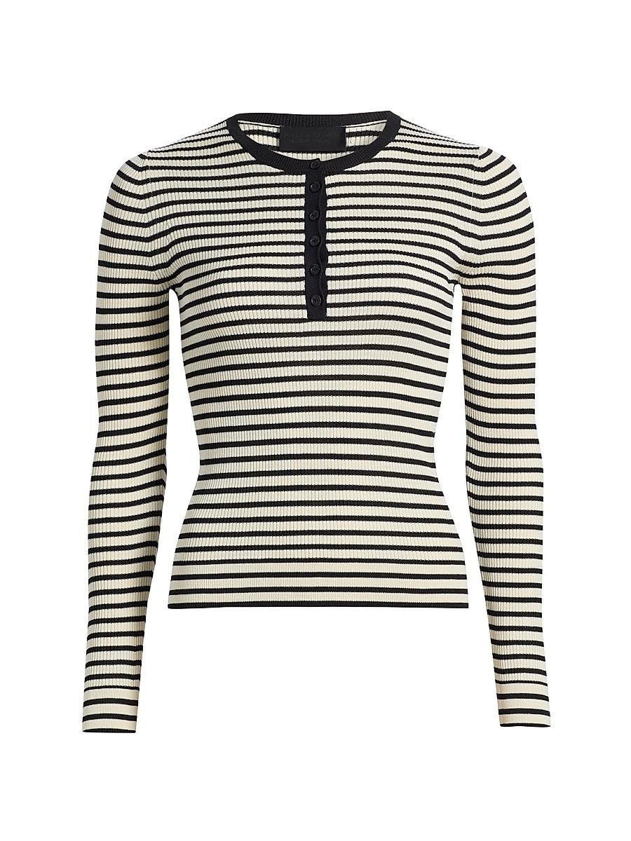 Women's Kyrie Striped Silk Henley Sweater - Black Ivory Stripe - Size XL