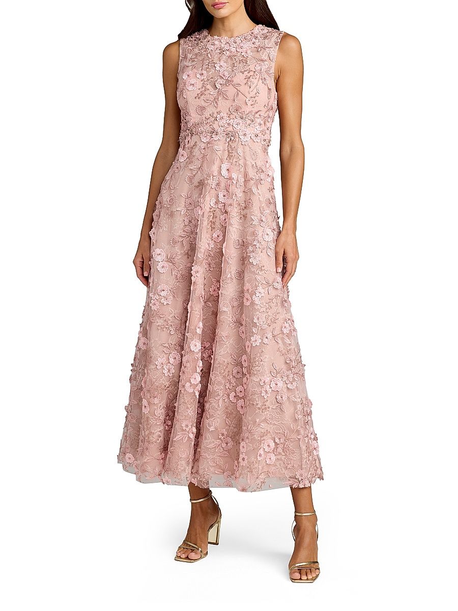 Women's Floral Embroidered Round-Neck Midi-Dress - Rose - Size 16