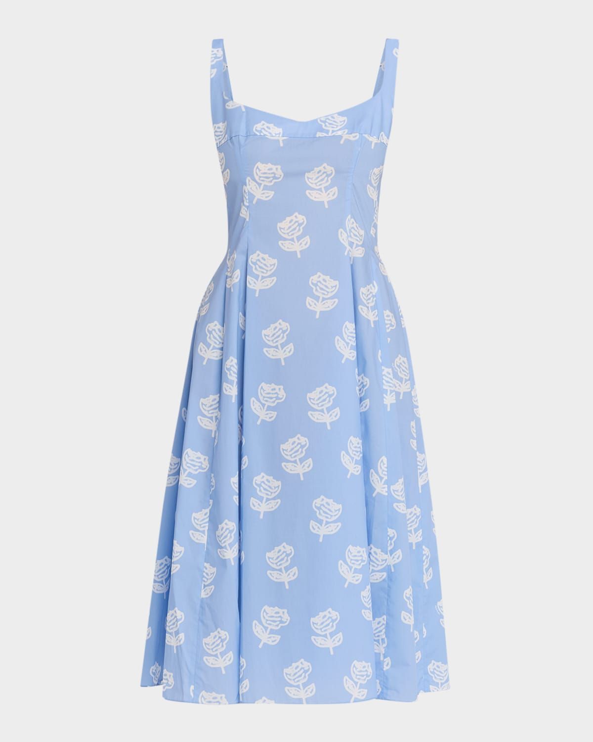 Sleeveless Sprayed Rose Print Poplin Midi Dress