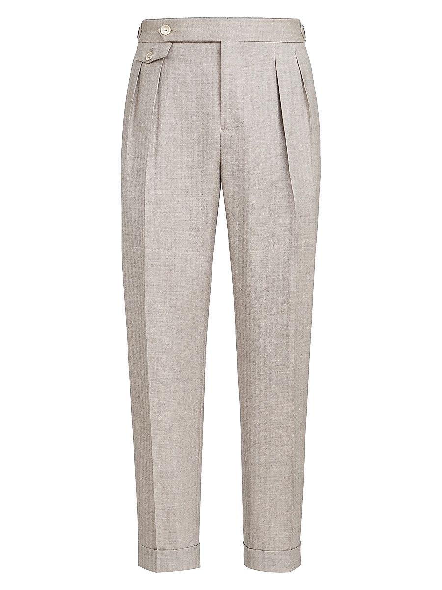 Men's Cashmere and Silk Chevron Trousers with Double Pleats and Waist Tabs - Light Grey - Size 48