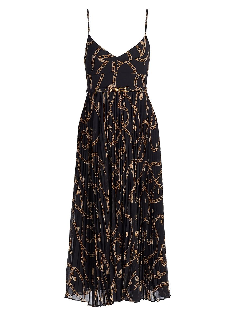 Women's Printed Sunray-Pleated Belted Midi-Dress - Black Charms - Size 6