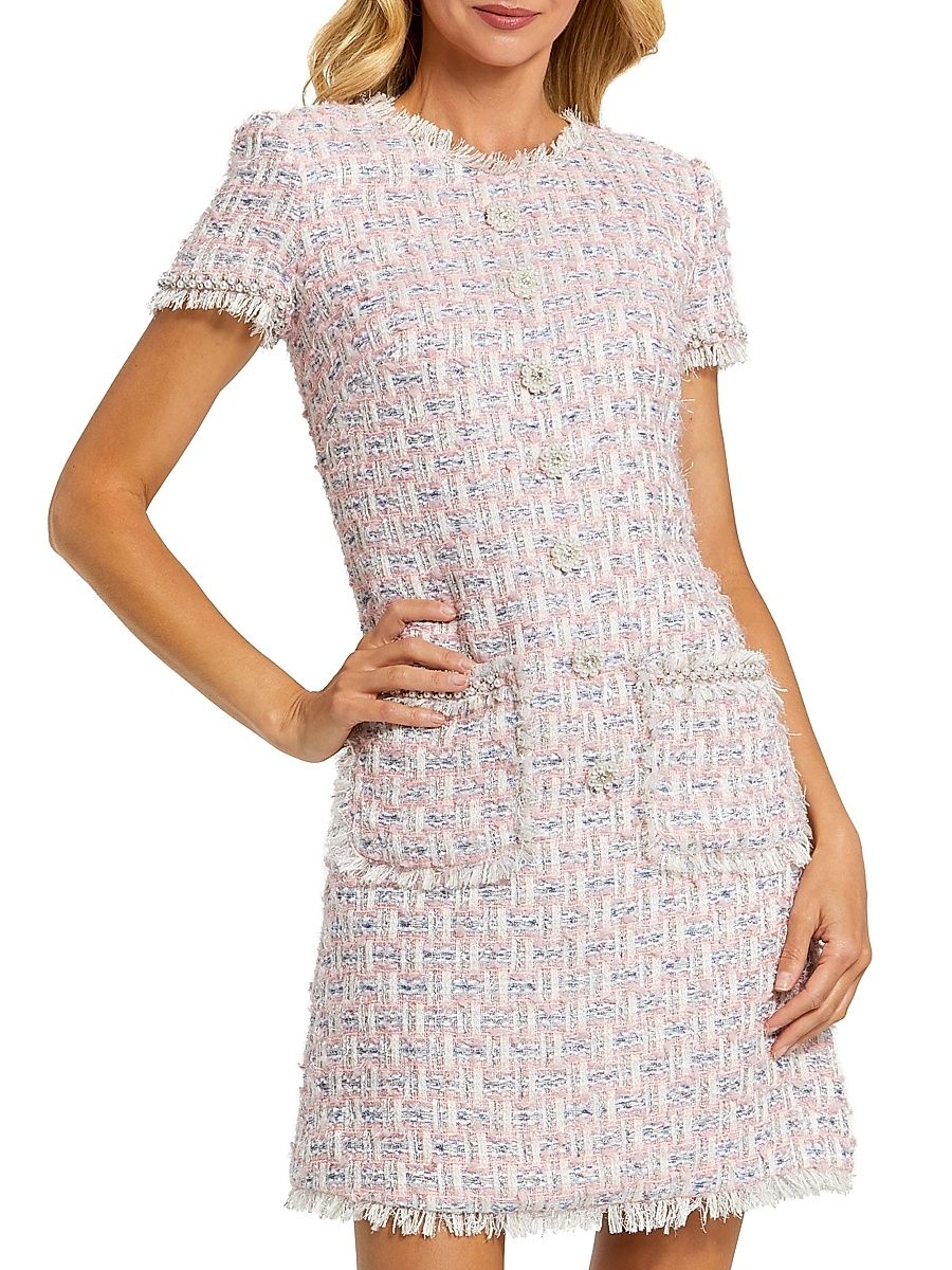 Women's Floral Beaded Tweed Dress - Pink Multi - Size Small