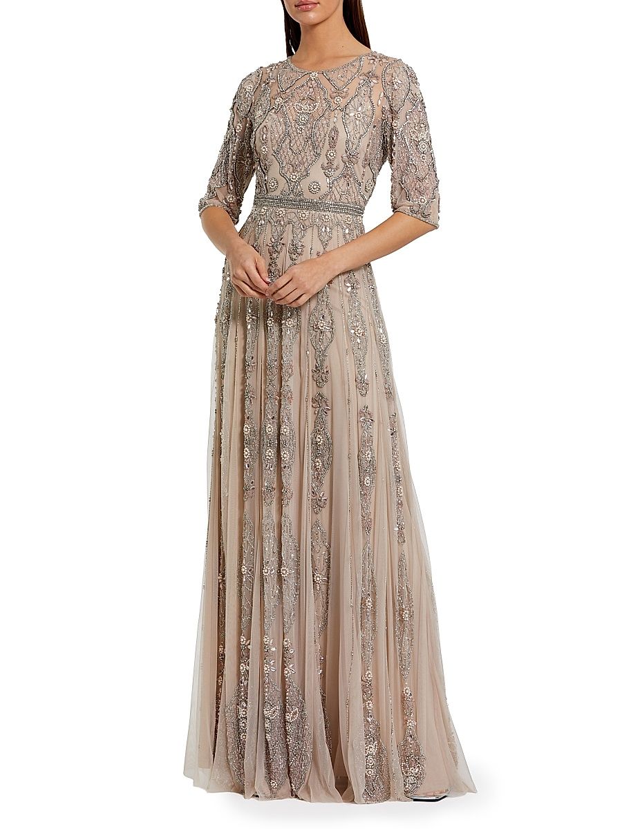 Women's Three-Quarter Sleeve Embellished Mesh Gown - Vintage Lilac - Size 16