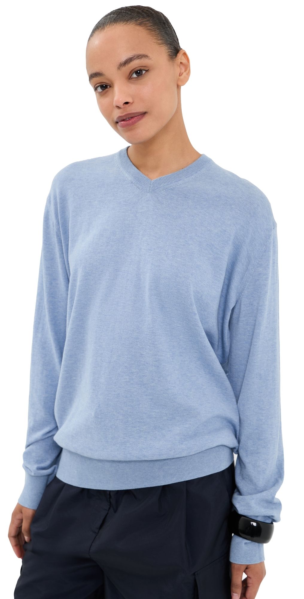 Tibi Super Fine Gauge Perfect V Neck Pullover Blue Melange L