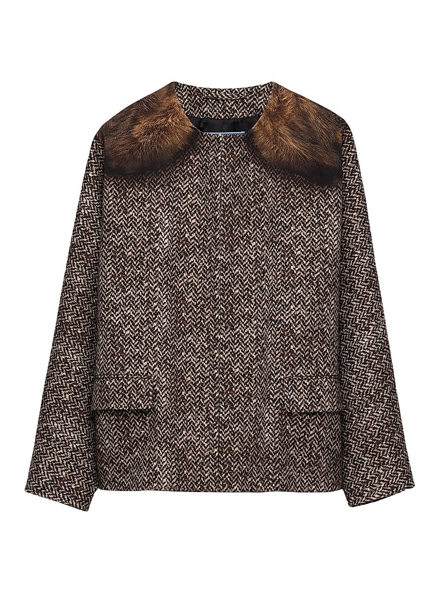 Women's Single-Breasted Printed Drill Caban Jacket - Brown - Size 4