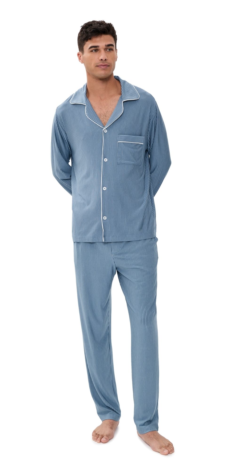 Eberjey William Modal Printed Long Pajama Set Duo Stripe Slate Blue/Ivory M