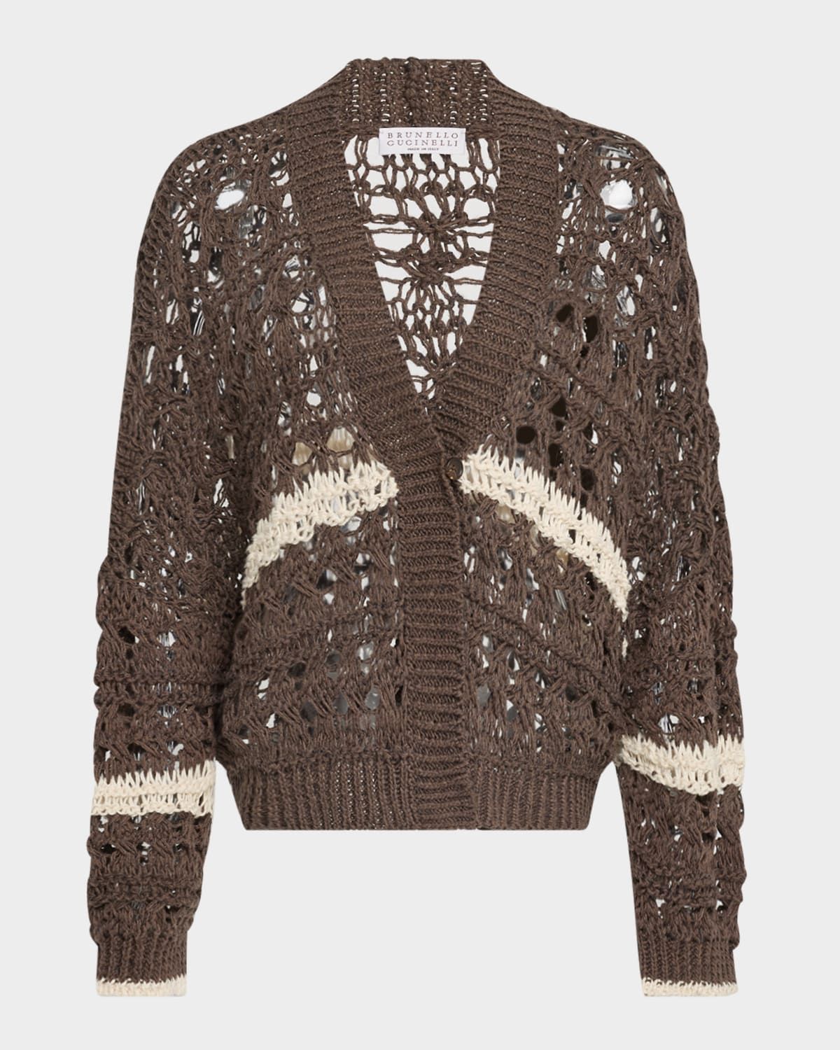 Stripe Cotton-Jute Open Knit V-Neck Cardigan