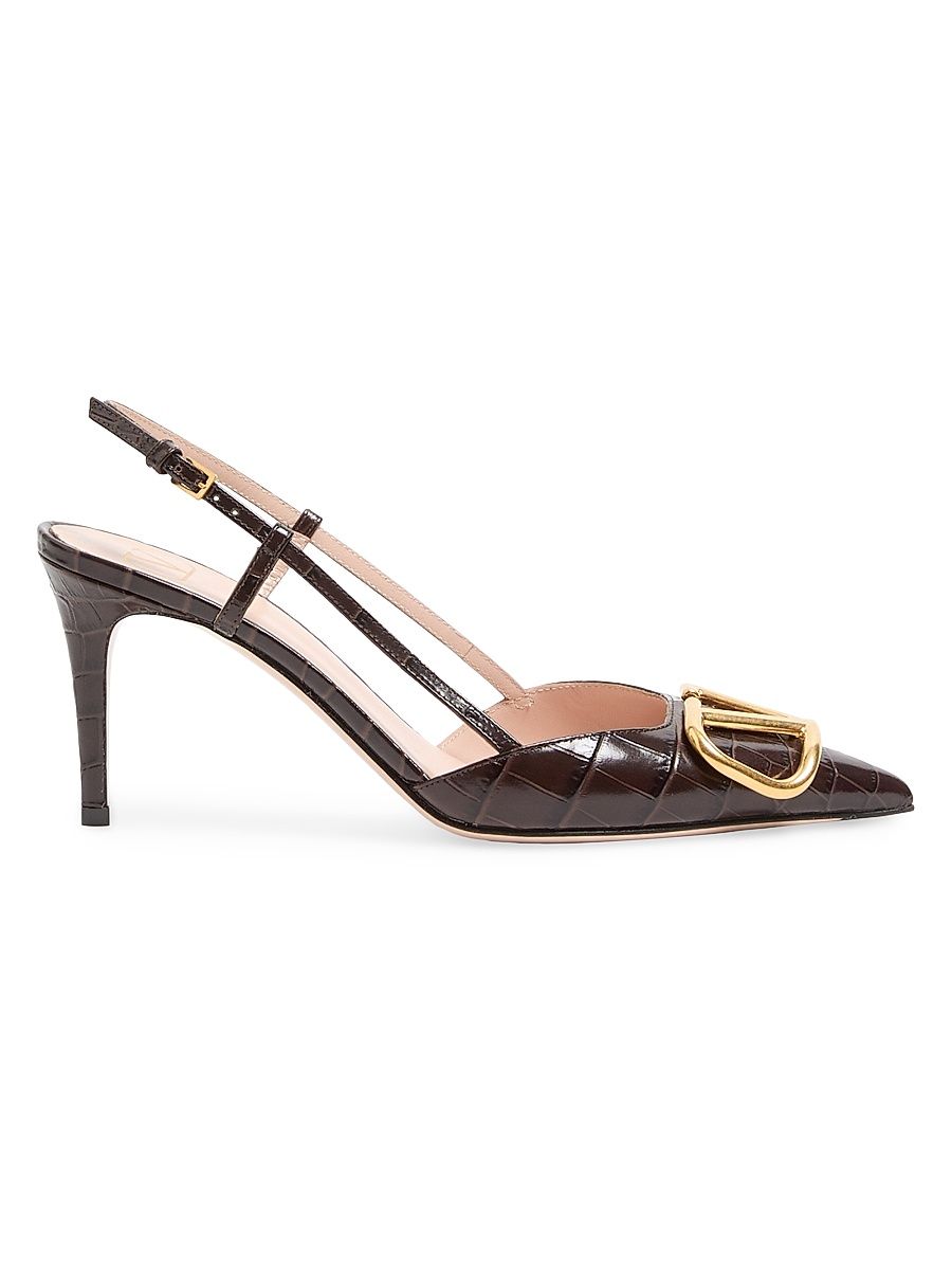 Women's VLogo Signature Slingback Pumps in 80MM Printed Calfskin - Oak Brown - Size 11.5