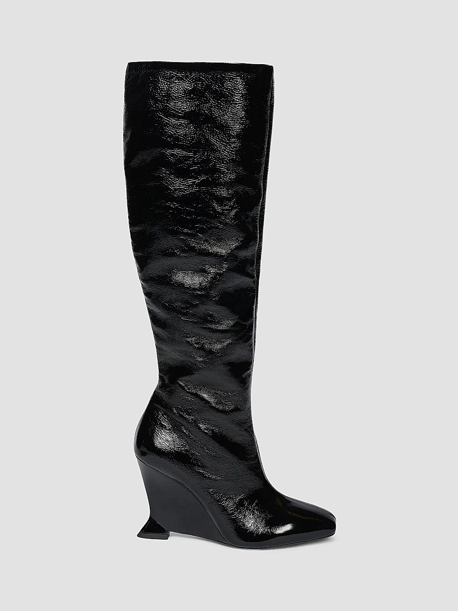 Balmain Women's 95MM Crinkled Patent Leather Wedge Boots - Noir - Size 12