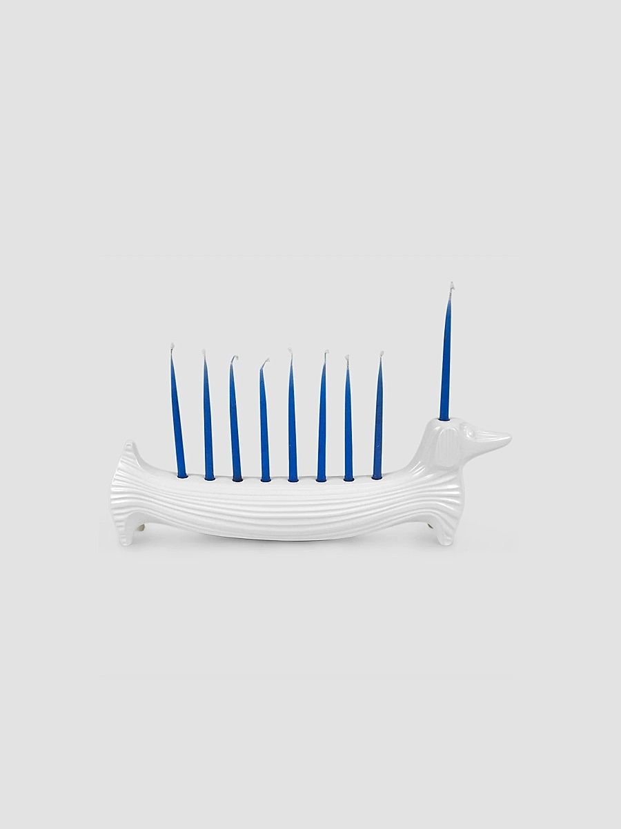 Dachshund Stoneware Menorah - White