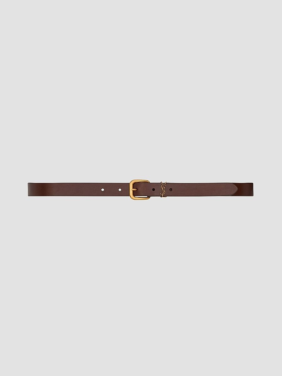 Saint Laurent Men's Cassandre Rectangular Buckle Belt in Leather - Burnt Chocolate - Size 42