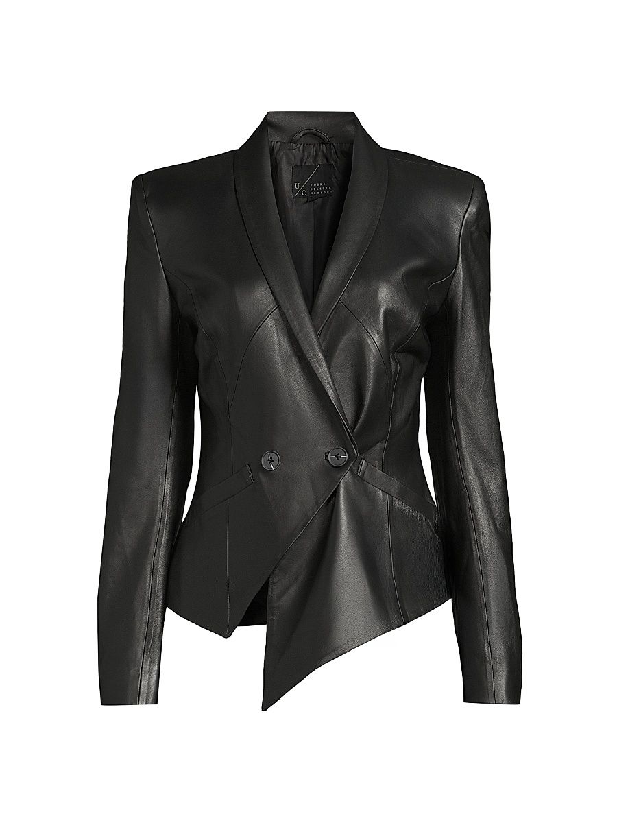 Women's Vintage Double-Breasted Leather Blazer - Black - Size Small