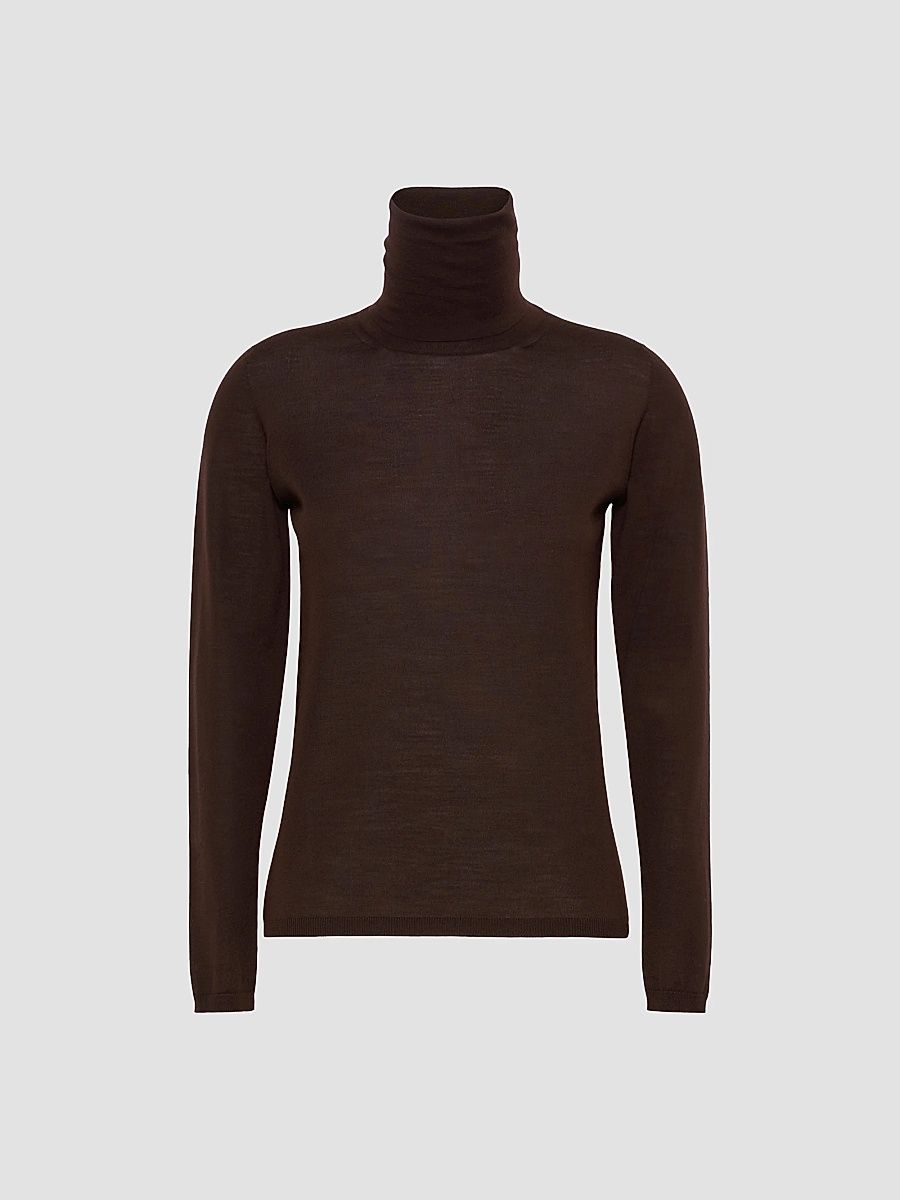 Women's Wool Yarn Polo Neck Sweater - Dark Brown - Size XL