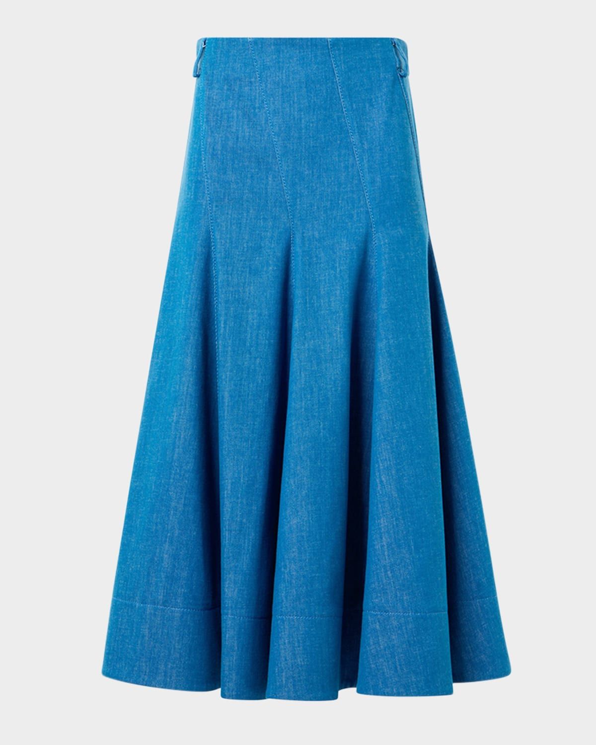Pleated Stretch Denim Midi Skirt
