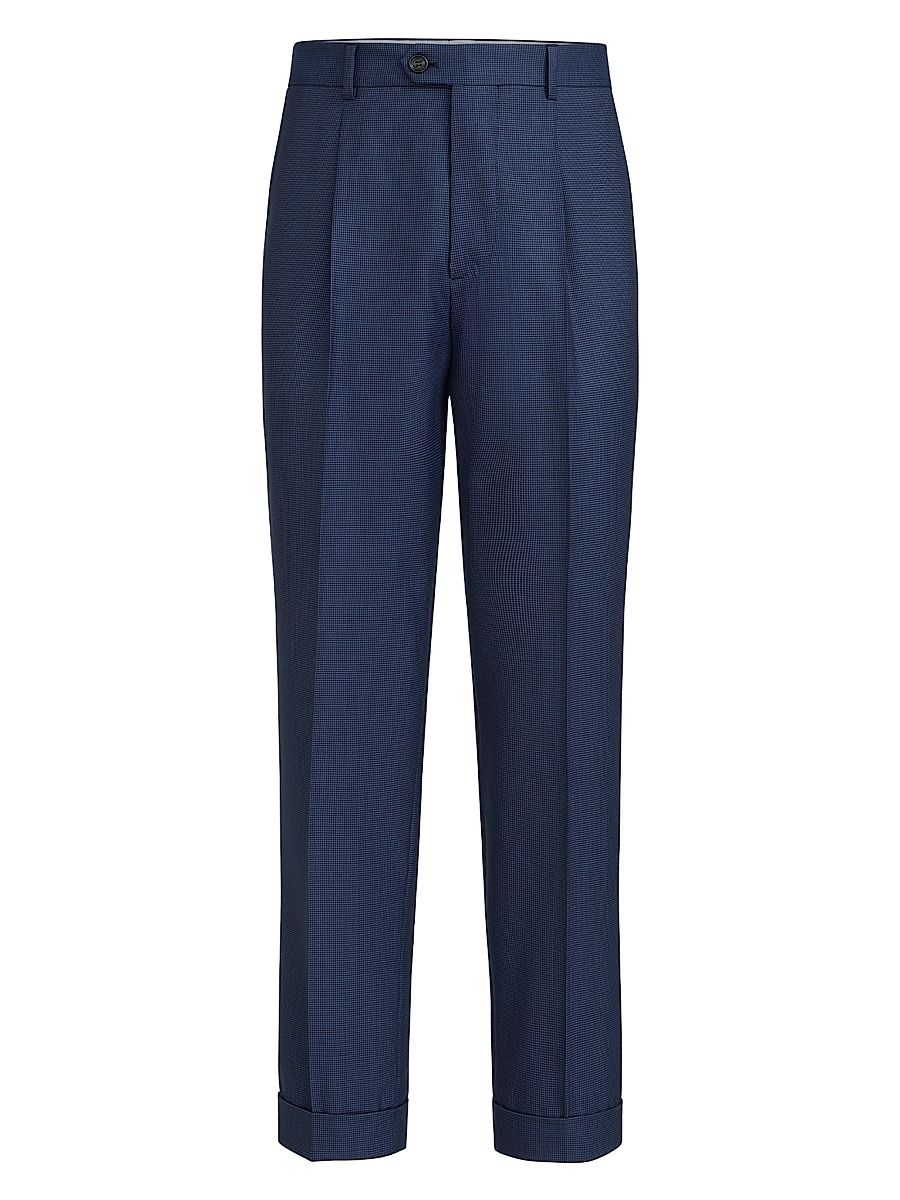 Men's Super 150s Virgin Wool Houndstooth Trousers with Pleats - Navy Blue - Size 48