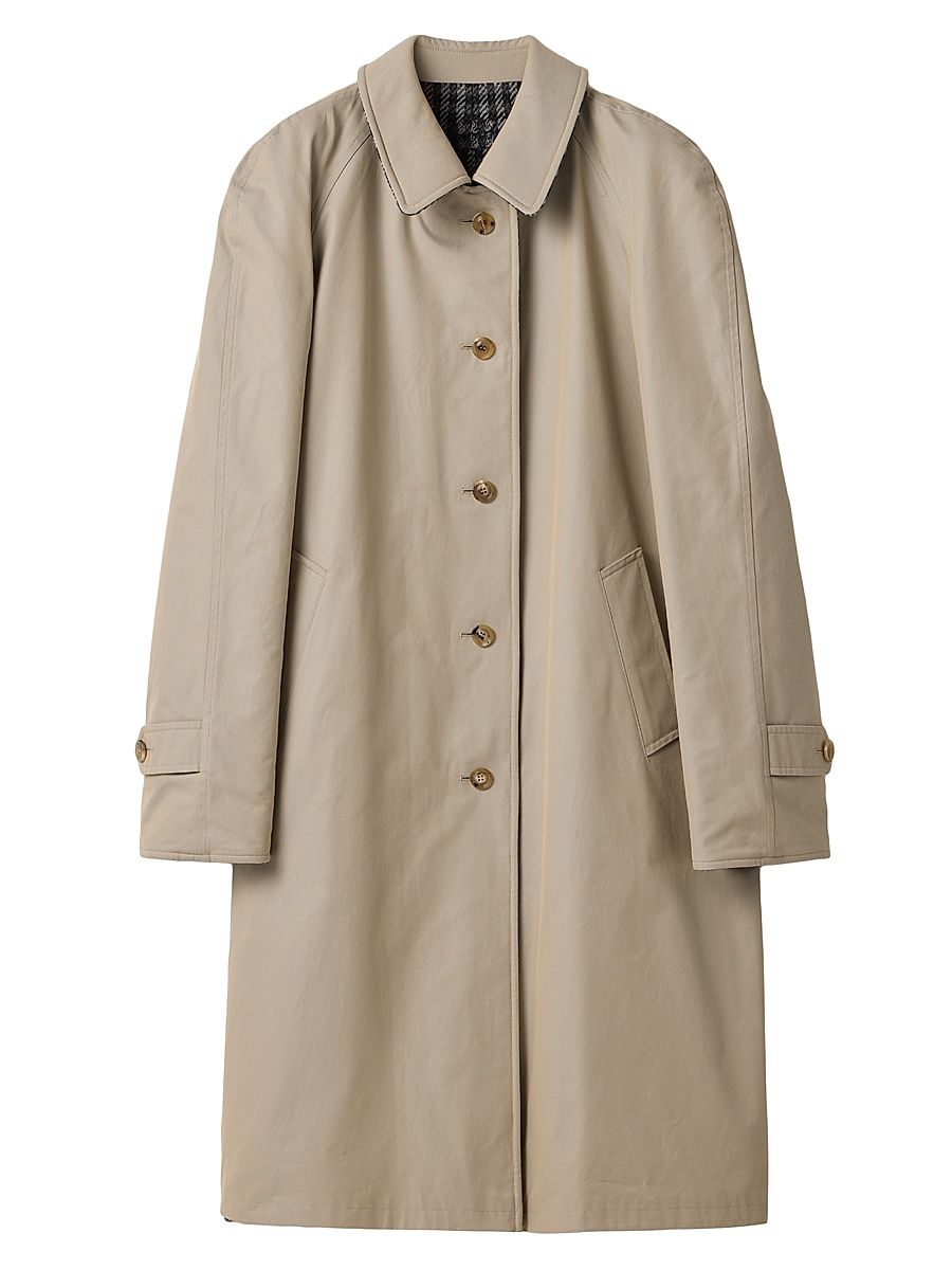 Women's Reversible Twill and Check Trench Coat - Beige Khaki - Size 8