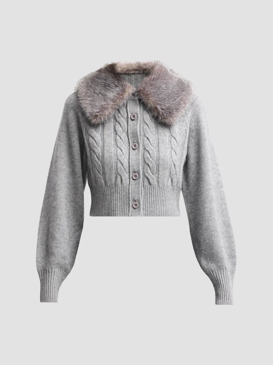 Toccin Women's Rita Faux-Fur-Collar Cable-Knit Cardigan - Storm - Size Large