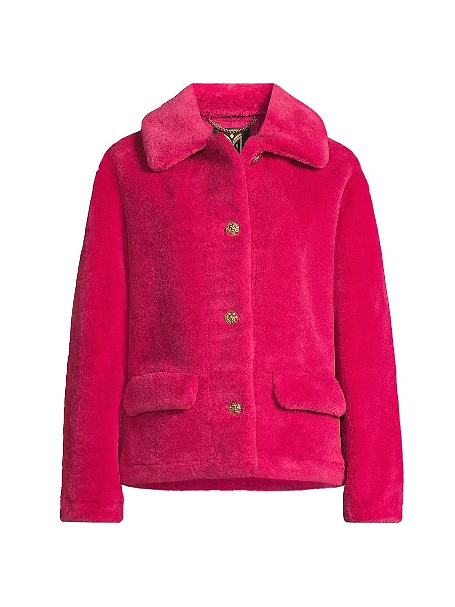 Women's Short Faux Shearling Jacket - Magenta - Size Large