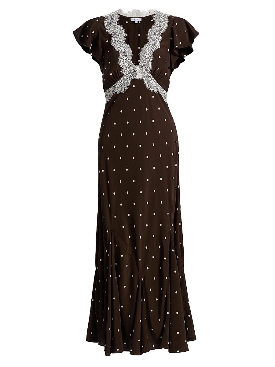 Women's Mattia Lace-Trim Polka Dot Maxi Dress - Cocoa Polka Dots - Size Medium
