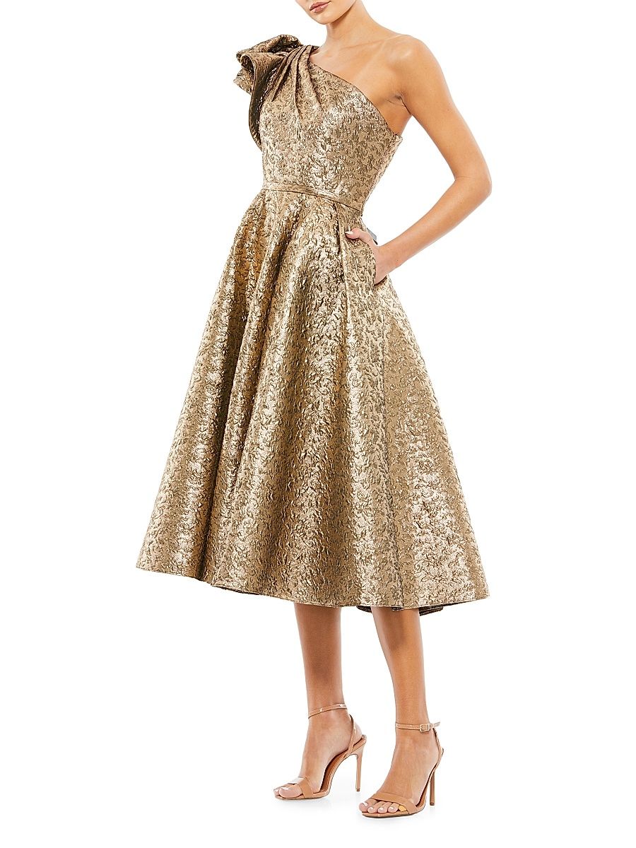 Women's Asymmetric Metallic Tea-Length Dress - Antique Bronze - Size 16