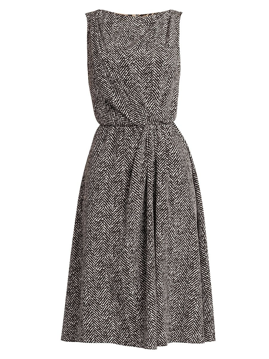 Women's Italian Tailoring Herringbone Stretch Crepe Midi-Dress - Chevron Bco Nero - Size 10