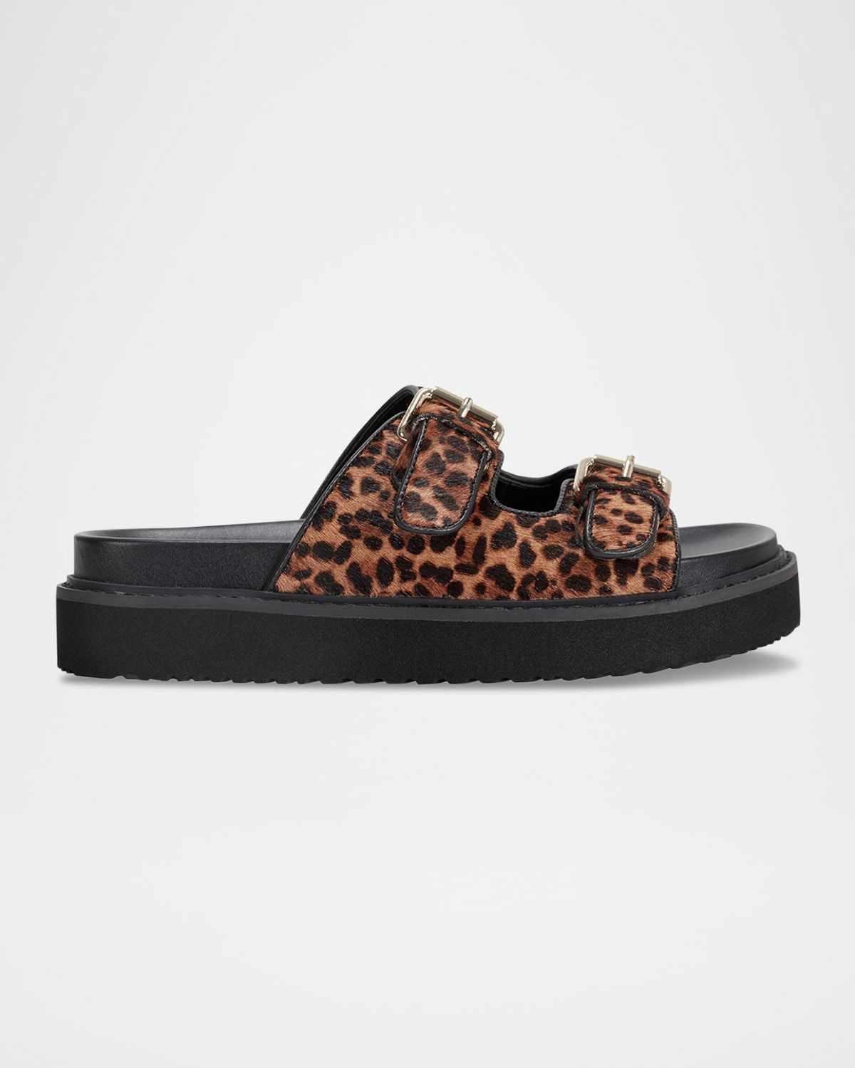 Agustaly Leopard Calf Hair Dual-Buckle Slide Sandals