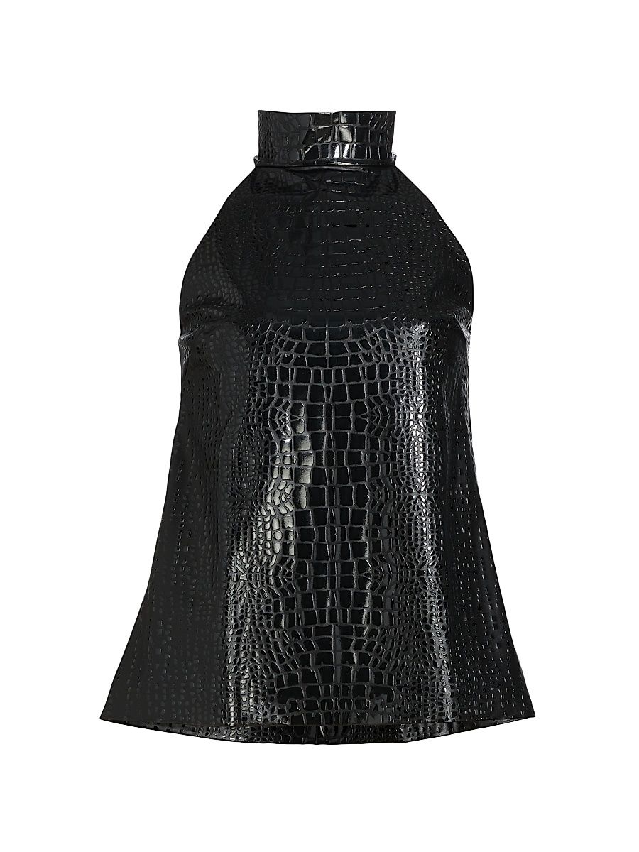 Women's Tiffy Embossed Faux Leather Halterneck Top - Black - Size 6