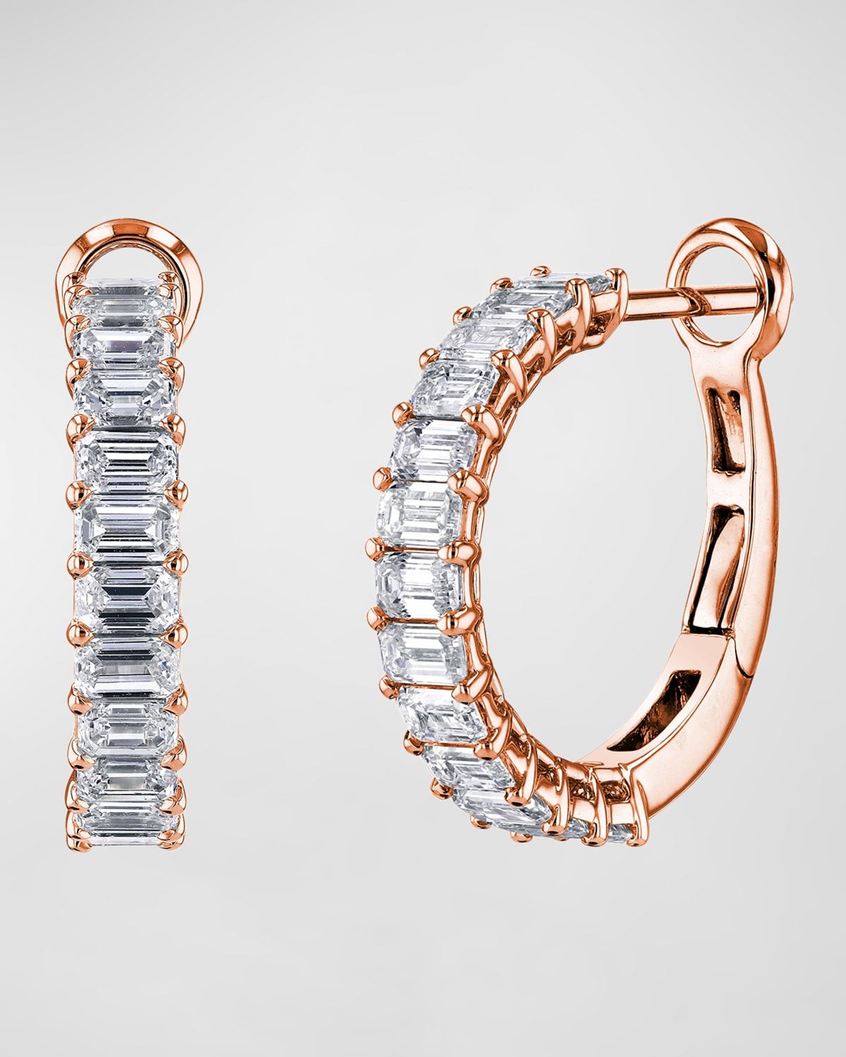 18K Gold Emerald-Cut Diamond Halfway Huggie Hoop Earrings, 3.6tcw/0.75"L