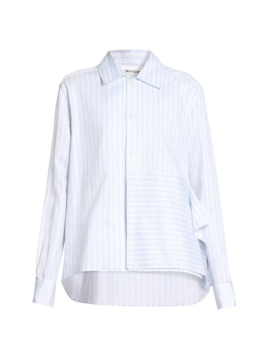 Women's Asymmetric Draped Striped Cotton Shirt - White Blue - Size 2