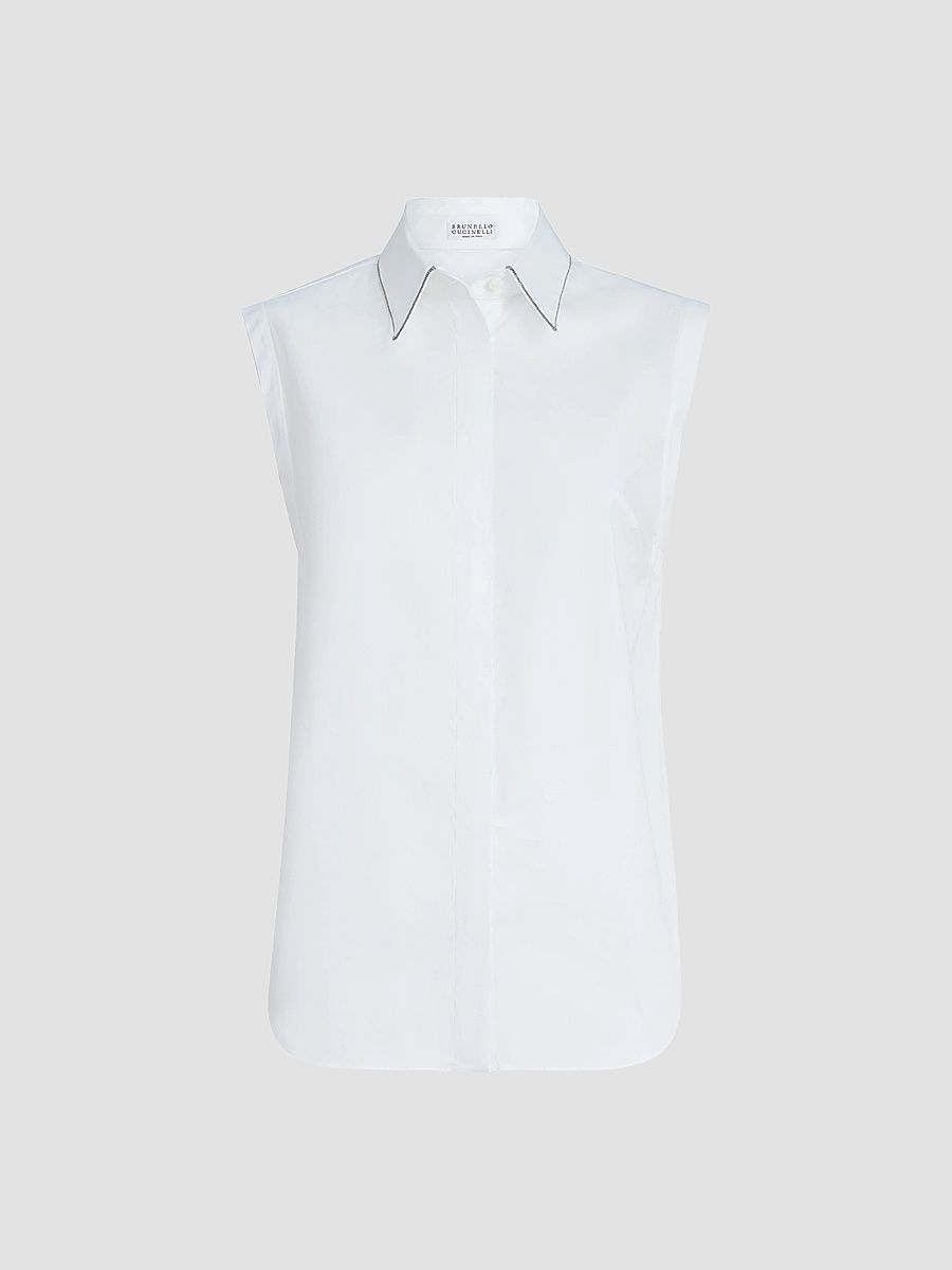 Women's Stretch Cotton Poplin Sleeveless Shirt - White - Size XXXL