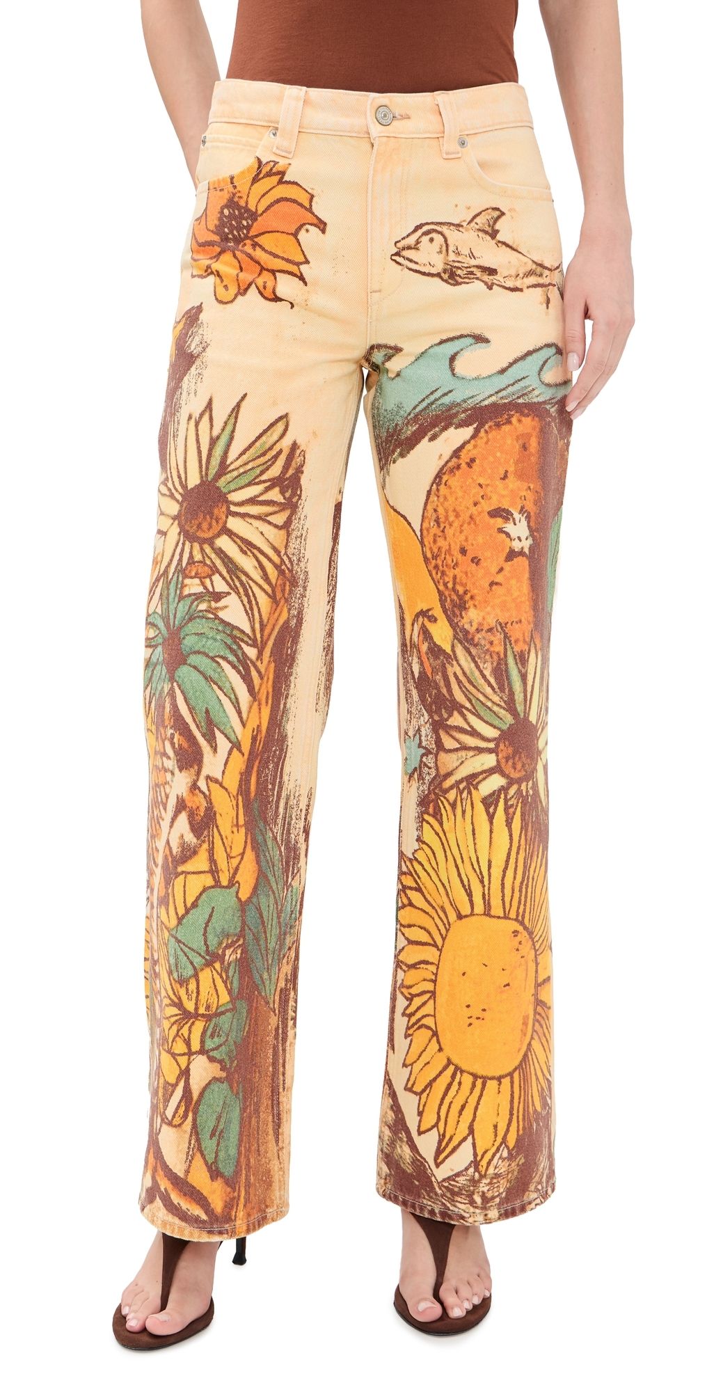 Free People Printed Straight Leg Jeans Beach Scene 27