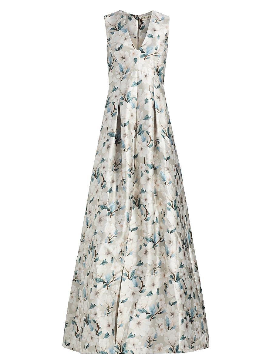 Women's Brooklynne Floral Satin A-Line Gown - Champagne Magnolia - Size 8