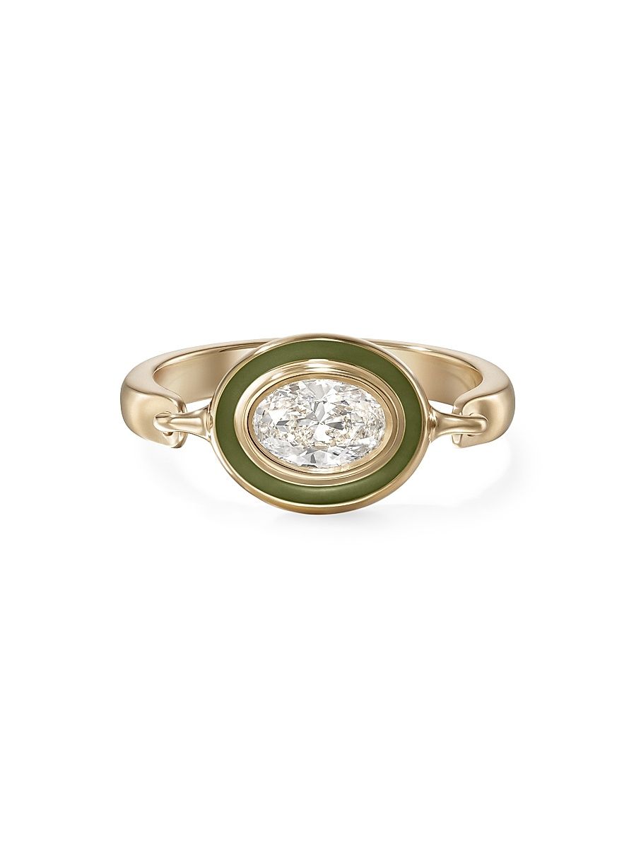 Women's Lenox Reign 18K Yellow Gold, Enamel & 0.40 TCW Diamond Ring - Army Green - Size 3.5