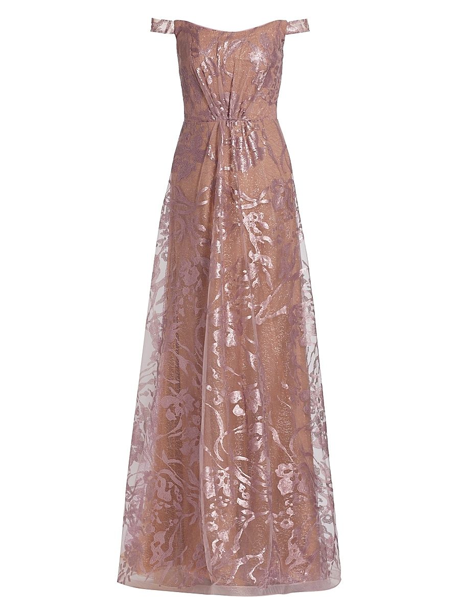 Women's Embroidered Off-The-Shoulder Gown - Rose - Size 10