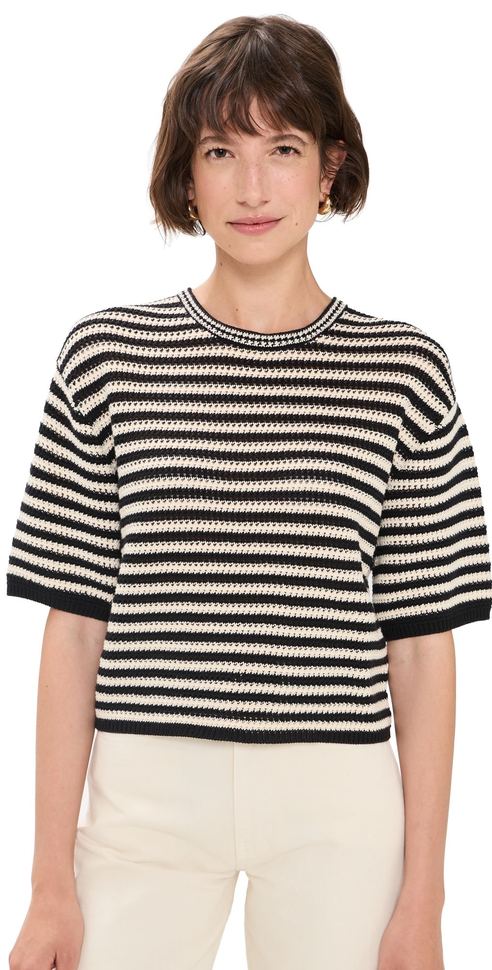 ANINE BING Theo Striped Short Sleeve Sweater Black And Ivory Stripe L