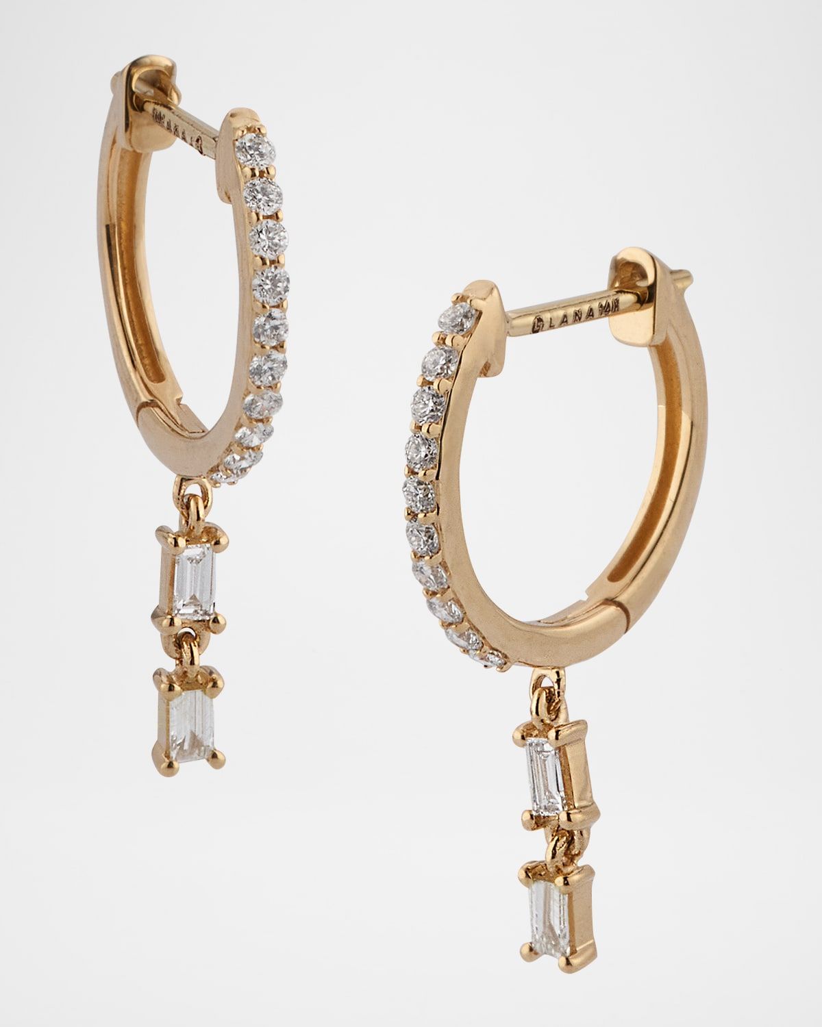 14K Gold Mini Flawless Diamond Huggie Earrings with Double Dangle Baguettes